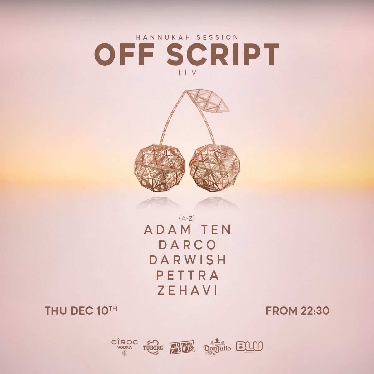 כרזת OFF SCRIPT Hannukah Session של WTGL בתל אביב עם Adam Ten, Darco, Darwish, Pettra ו-Zehavi – 10.12.2026