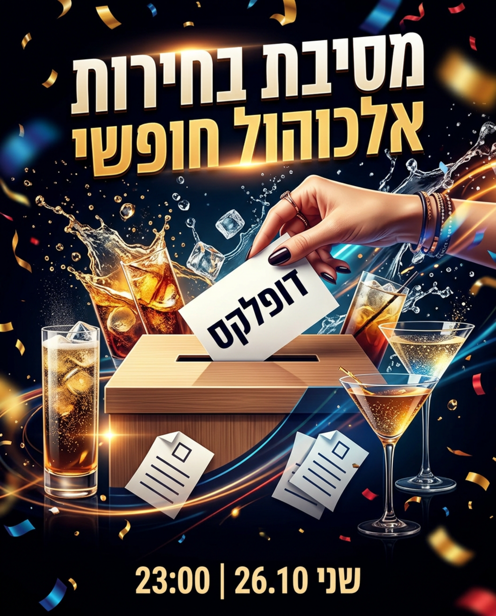 מסיבת בחירות אלכוהול חופשי בדופלקס, תל אביב – 26.10.2026