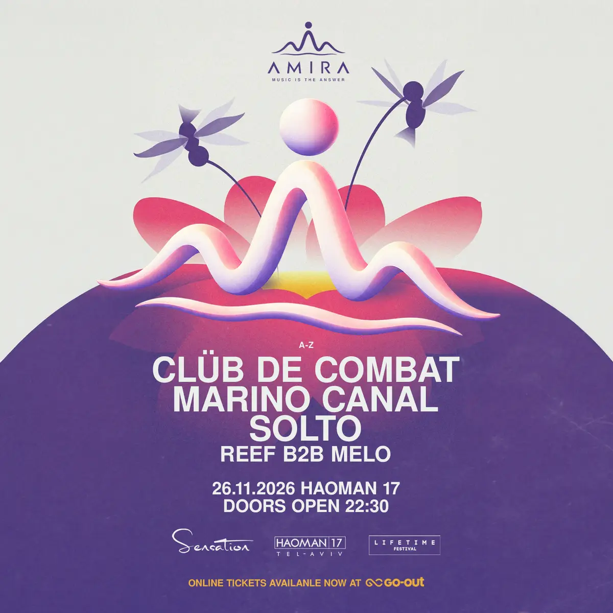 כרזת AMIRA Festival באומן 17 תל אביב 26.11 – Clüb De Combat, Marino Canal, Solto ו-Reef B2B Melo